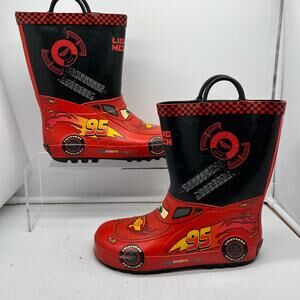 Disney Pixar Cars Kids Rain Boots Youth 2/3 Lightning McQueen Red Pull-On